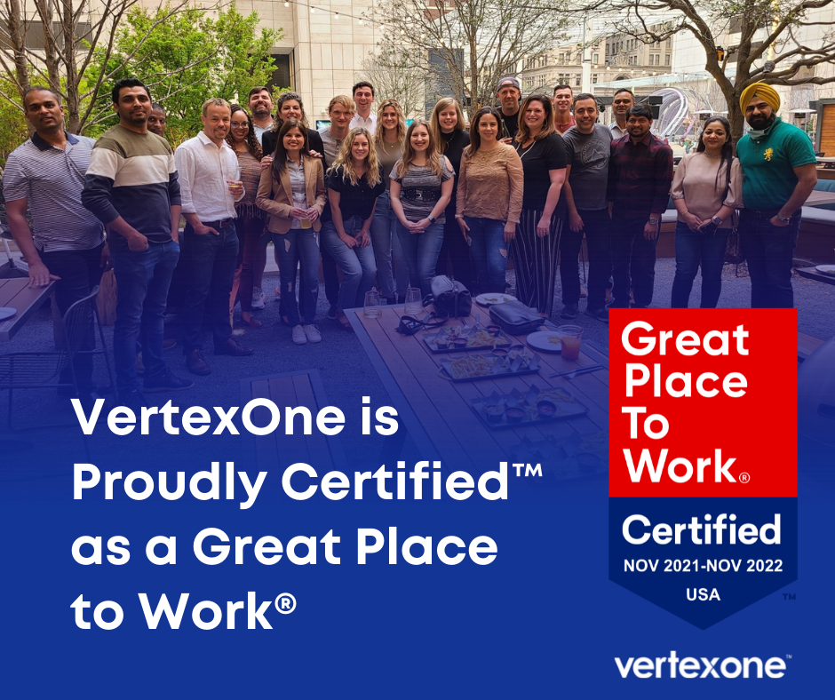 Picture of VertexOne staff with text that reads: 